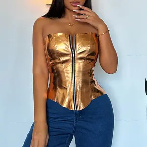 DG 14739 sexy mode nouvelles femmes PU débardeurs couleur métallique en cuir fermeture éclair sans manches bustier hauts vêtements de rue pour les femmes