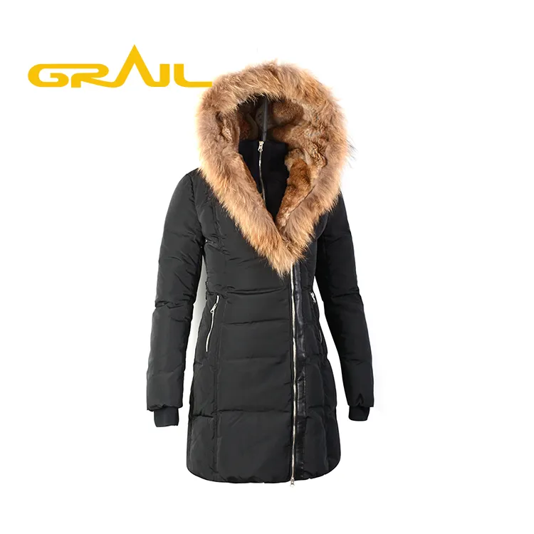 European style long fur collar warm winter goose ladies down coat parka jacket