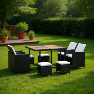 Ensemble de meubles de jardin d'extérieur en rotin noir PE, table en teck 6 places, design contemporain pour terrasse - Product Image 3