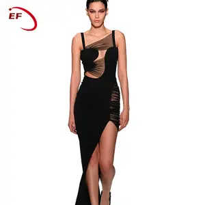 2023 New Arrivals Mesh Transparent Sexy Sleeveless Bandage Dress Black High Slit Birthday Dress For Women