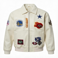 Blouson en cuir blanc crème pour homme, broderie de patchs d'équipes multisports, col à revers, fermeture éclair, style bomber vintage streetwear, personnalisable OEM