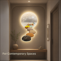 Art mural LED Paysage d'oiseaux sur fond de galets, accent vertical lumineux pour Spa, Réception, Couloir d'hôtel, Intérieurs contemporains apaisants