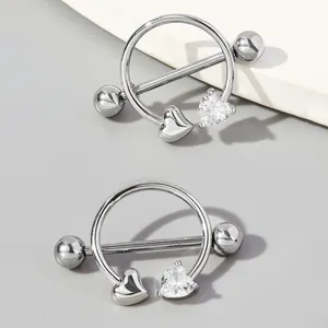 <span class=keywords><strong>Piercing</strong></span> per Capezzolo in Acciaio Chirurgico 316L con Doppio Cuore in Zirconia Cubica, Gioiello Decorativo per Capezzolo, Barra Curva con Scudo Protettivo per Donne - Product Image 1