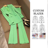 Ensemble de costume vert pour femme, veste blazer à un bouton et pantalon évasé, design OEM, tenue de bureau formelle, 2 pièces