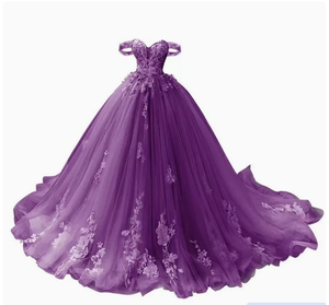 Robe de bal rouge en tulle, décolleté cœur, manches épaules dénudées, dentelle florale, longueur ras du sol avec traîne, robe de mariée, robe de bal - Product Image 2