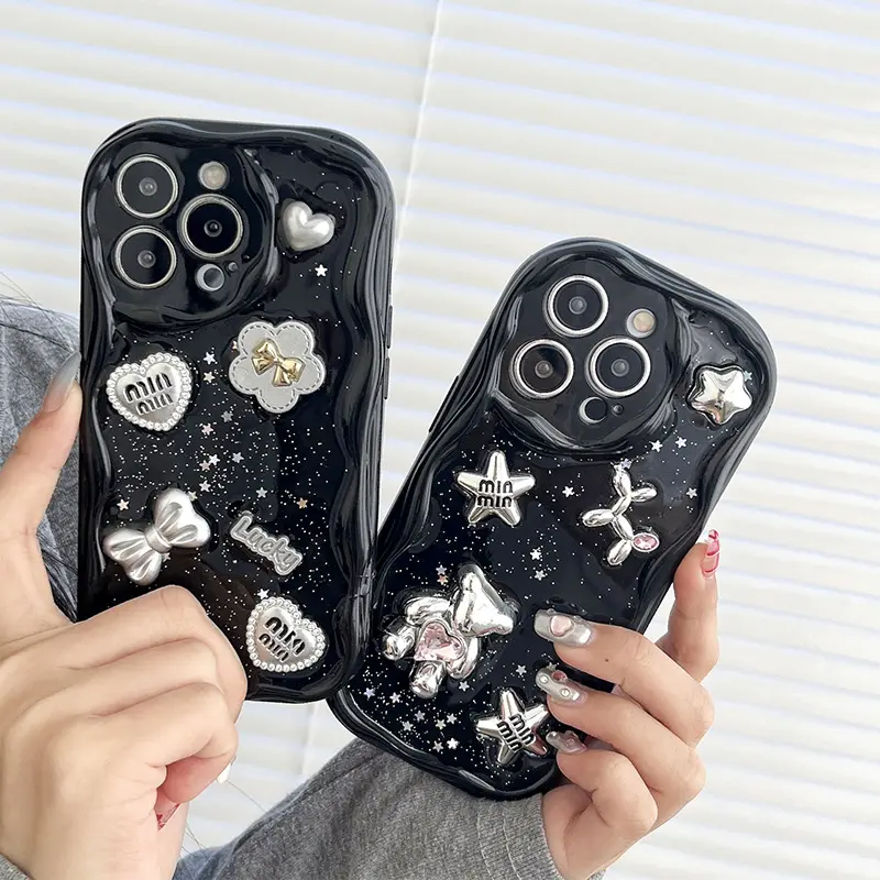 3D Bear Heart Flower Black Glitter Star Phone Case for iPhone 11 Pro Max 12 13 14 15