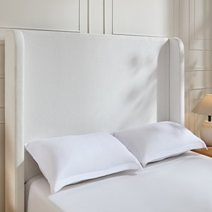 54" Tall Modern Hotel Upholstered Bed Frame Rice White Chenille Queen Wingback Headboard Solid Wood Legs Metal Frame Support - Product Image 5