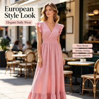 Nouvelle robe longue plissée à taille haute et manches courtes à volants, col en V, couleur unie, style vacances, pour femmes européennes et américaines