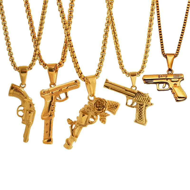 Punk Men 316L Stainless Steel Hand Gun Pendant Rose Gun Necklace hiphop Jewelry 18k Gold Gang Gun Necklace WHolesale