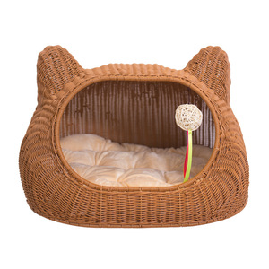 Casa para gatos de imitación de ratán, cama redonda cálida para mascotas con cojín extraíble y lavable - Product Image 5