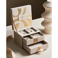 Boîte à bijoux haut de gamme à double couche avec tiroir, texture gaufrée or, papier spécial coloré transparent, boîtes de support intérieures en MDF