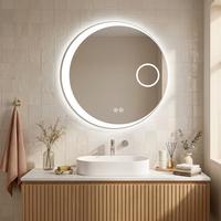 Miroir de salle de bain LED rond en forme de lune, commande tactile, miroir intelligent avec miroir grossissant, fonction mémoire, miroir de vanité éclairé