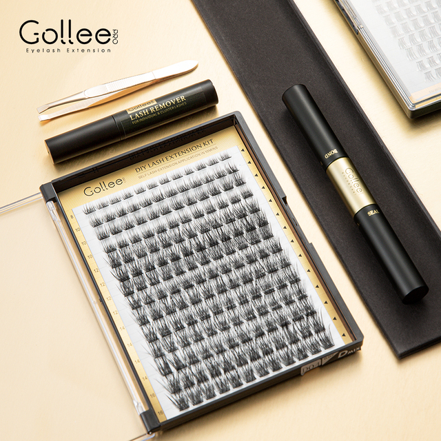 Gollee Wholesale False Pariz Black D Curl Segment Eye Lashes Mink Diy Segment Strip Eyelash Lash Cluster Extension Glue Kit