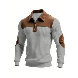 Pull tricoté pour homme avec col, patchwork, fermeture éclair sur le devant, décontracté, pour l'automne et l'hiver, modèle combiné, manches longues, design côtelé - Product Image 4