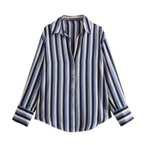 Striped print long sleeve buttons up turn down collar casual fashion tops for women