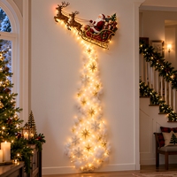 Décoration murale 3D de Noël avec Père Noël en train de voler sur un traîneau et rennes, cascade lumineuse LED, art mural étoilé de Noël en PVC