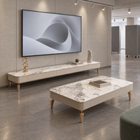 WYRAX Executive Lounge, aspect marbre, avec rangement dissimulé et console multimédia basse assortie sur pieds dorés