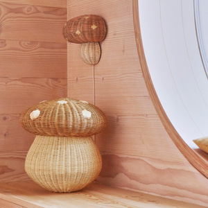 Hand Woven Rattan Mushroom Wall <b>Lamp</b> E27 Led Light Source Khaki Color For Childrens Room Bedroom <b>Study</b> Wall Mounted - Product Image 3