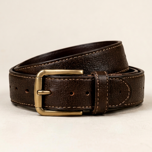Ceinture en cuir véritable marron uni avec boucle ardillon rectangulaire en cuivre, décontractée et durable pour homme - Product Image 1