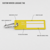 Étiquette de bagage tissée personnalisée avec sangle porte-clés, mousqueton métallique, motif personnalisé, étiquette nominative, vente en gros OEM