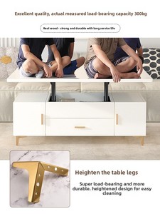 Table basse/salle à manger multifonctionnelle en bois massif avec plateau relevable, style crème, table pliante compacte pour petits salons, meubles de maison - Product Image 2