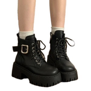 New Arrivals Women's Korean Leather Lace-up Ankle & <b>Bootie</b> Boots High Chunky Heel Buckle Fleece Lined Fashion Designer Winter - Product Image 1