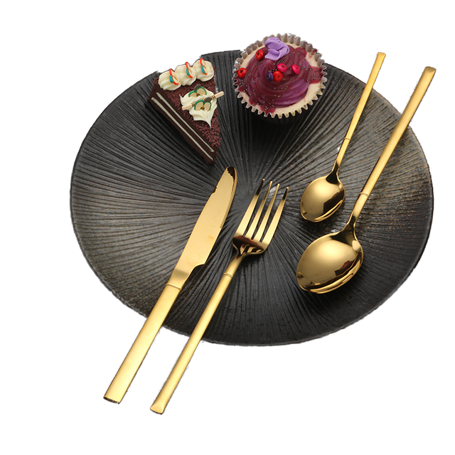Hotel Wedding Eco-Friendly Gold Silverware Stainless Steel Flatware Set Thick Square Handle Golden Spoon Fork Luxury Business