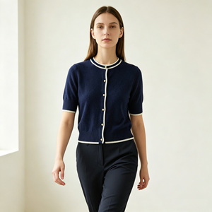 French Style Nautical Preppy Contrast Trim Premium <strong>Navy</strong> <strong>Blue</strong> Cashmere Wool Short Sleeve <strong>Cardigan</strong> with Polished Gold Buttons - Product Image 3