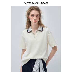 <span class=keywords><strong>Camiseta</strong></span> de Mujer VEGA CHANG, Corte Holgado, Cuello de <span class=keywords><strong>Crochet</strong></span>, Color Crema Blanco, Manga Corta, Cierre de Botones, Estilo Casual con Ribete de Encaje - Product Image 2