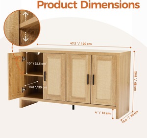 Buffet en bois et rotin de style farmhouse avec rangement, portes et étagères réglables pour cuisine, salon et salle à manger - Product Image 5
