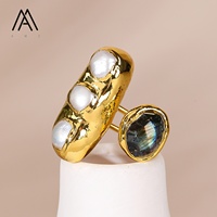 Bague ajustable vintage géométrique en perles et pierres noires, accessoire quotidien doré pour femme
