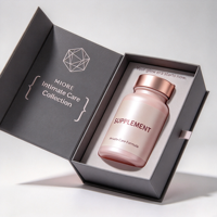 Boîte cadeau personnalisée pour flacons de compléments vitaminiques. Comprend un logo en feuille d'or et une insert en mousse EVA sur mesure pour l'emballage Wellness.