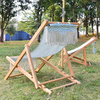 Chaise de plage en bois de luxe à franges, portable, 3 positions réglables, avec bretelles rayées, pour mobilier d'extérieur haut de gamme et stations balnéaires