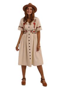 <strong>Retro</strong> Elegant Women Short Sleeve V Neck Button up 100% Cotton Embroidered Vintage <strong>Dresses</strong> - Product Image 5