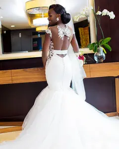 Mermaid African wedding dress with sweetheart sleeves crystal beaded frill wedding dress