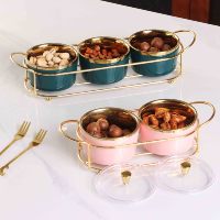 Plato de fruta seca de cerámica de estilo nórdico ligero de lujo para el hogar, bandejas de almacenamiento de color verde, blanco, negro y rosa, bandeja para servir, soporte de hierro