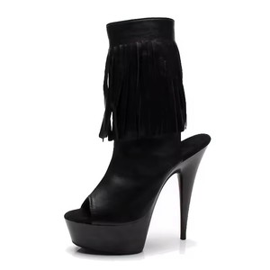Chaussures à talons fins noires pour femmes de 6 pouces (15 cm), à bout ouvert, avec pompon, chaussures à talons hauts tendance, chaussures de podium, chaussures de <span class=keywords><strong>pole</strong></span> <span class=keywords><strong>dance</strong></span>, sexy, fétichistes - Product Image 1