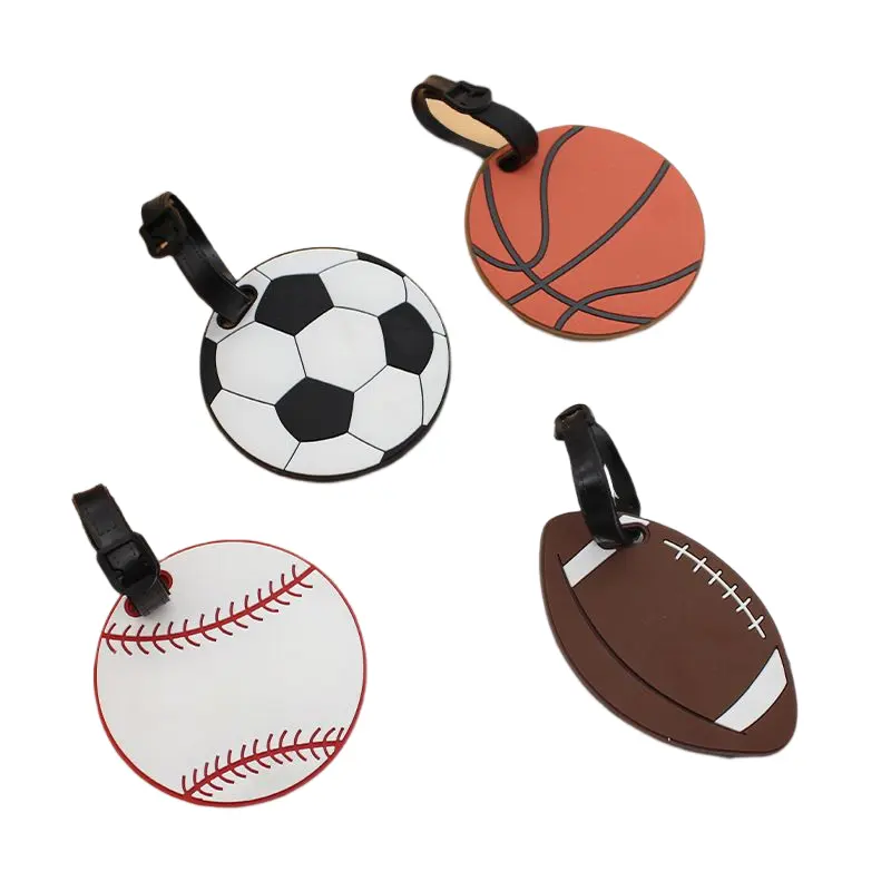 Etiqueta de PVC con forma redonda de balón de fútbol y baloncesto, etiqueta de equipaje con nombre y tarjeta de identificación, diseño deportivo, nuevo diseño, venta al por mayor