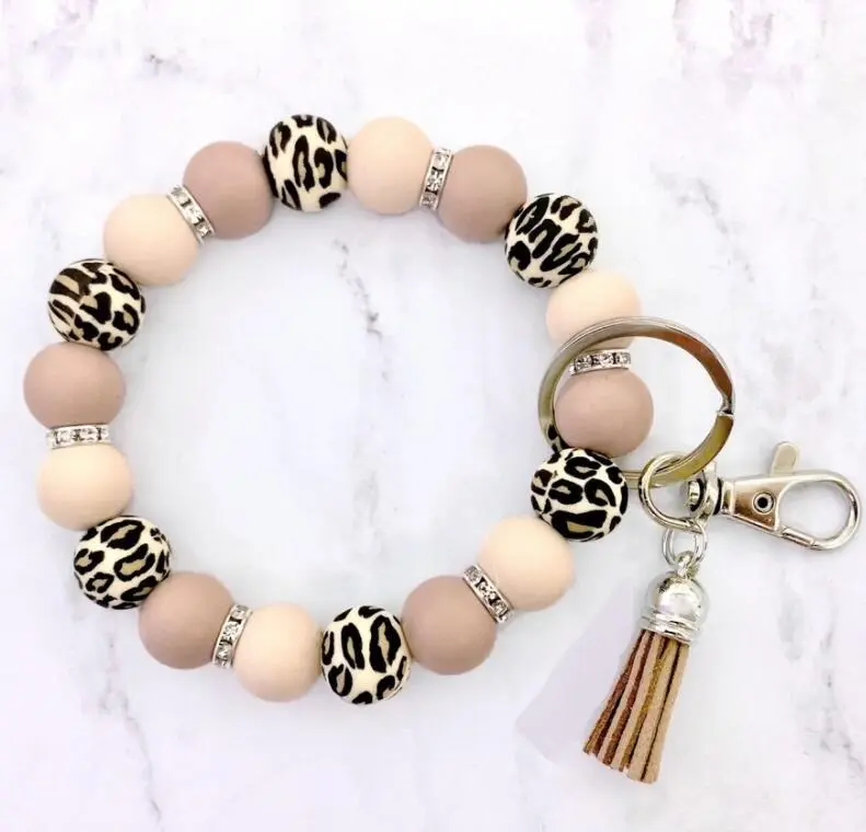 2022 New MAMA Mother's Day Leopard Print Beads Silicone Bracelet Elastic Wrist Strap Keychain Bracelet With Suede Tassel