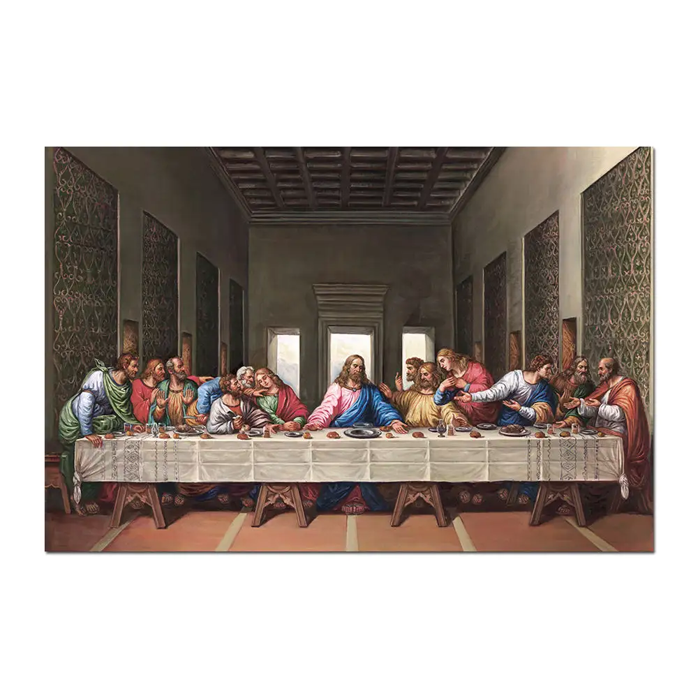 Hecho a mano antiguo famoso reproducción Jesús La Última Cena tela lienzo pintura al óleo