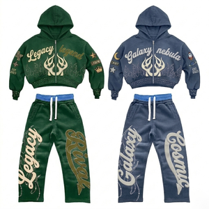 Conjunto Deportivo Retro <span class=keywords><strong>de</strong></span> los 90 con Sudadera Corta con Cierre y Pantalones Rectos, Logotipo Bordado con Pedrería, Talla Grande, Ropa Deportiva Casual - Product Image 1