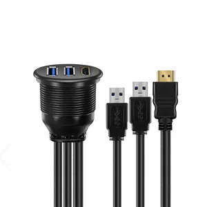 由于HDMI 2.0公对母和双USB 3.0公对母嵌入式面板安装汽车防水电缆