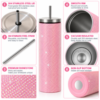 Gobelet à café droit de luxe personnalisé, 20 oz, en acier inoxydable à double paroi sous vide, avec paillettes et strass, avec couvercle à paille, pour cadeaux