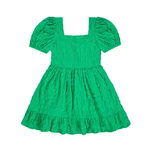 2023 New Children Clothing Girls Puff Sleeve Square Collar Solid Color A Line Dresses Kids Summer Dress