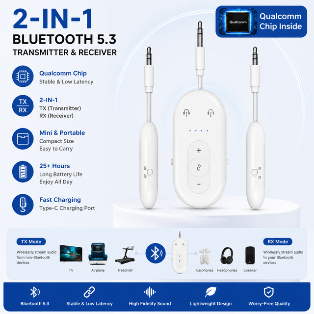 Wireless Transmitter Receiver for Airplane Easy Setup Bluetooth Audio Transceiver for 2 BT Devices Volume Control RCA for TV