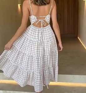 <span class=keywords><strong>Abito</strong></span> <span class=keywords><strong>Midi</strong></span> Estivo Elegante Casual Personalizzato ODM per Donne, Gonna a Strati in Cotone a Quadretti con Schiena Incrociata e Volant - Product Image 3