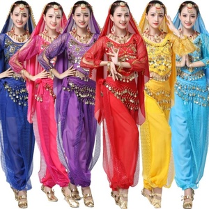 Kadın hint göbek dans setleri kıyafetler 4 adet fenerler kollu paraları Tops Harem pantolon cıngıllı şal