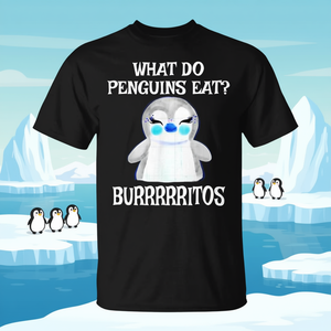 Camiseta divertida y linda con diseño de pingüino y burritos, ¿qué comen los pingüinos? - Product Image 3