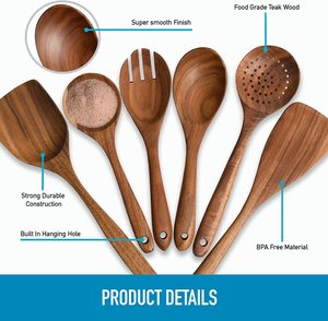 Set di Utensili <span class=keywords><strong>da</strong></span> <span class=keywords><strong>Cucina</strong></span> in Legno Naturale Ecologico dal Design Classico Tradizionale con Cucchiai, Spatole e Forchetta per Insalata - Product Image 5