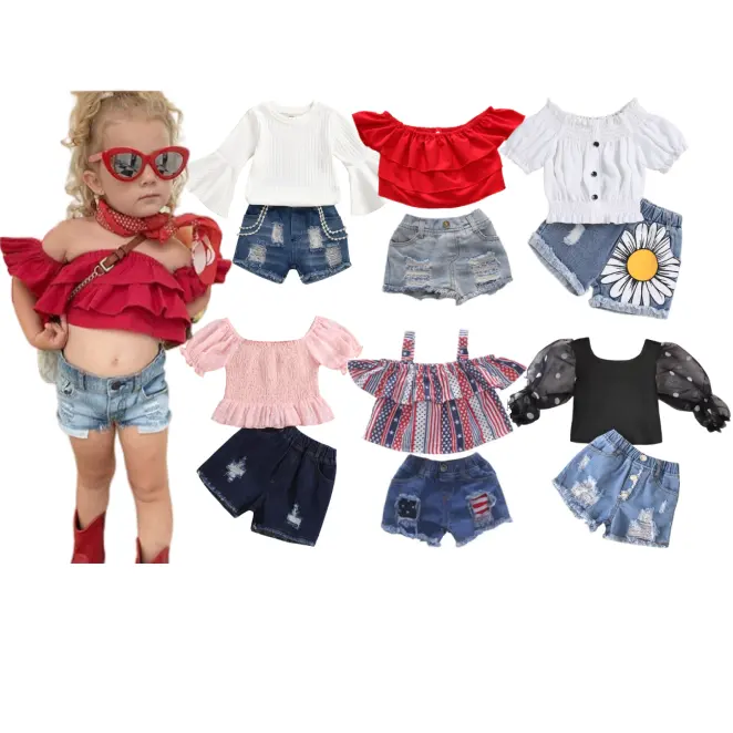 Summer Hot Sale Children's Independence Day Girls Clothes Sets Star Strip Top +Denim Shorts 2 Piece Set for Kids